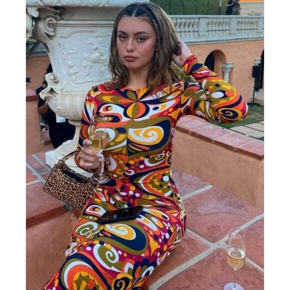 Zara Mod Printed Maxi Dress BodyCon Side Slits Stretch Retro 60s 70s Fitted XS - Picture 5 of 9